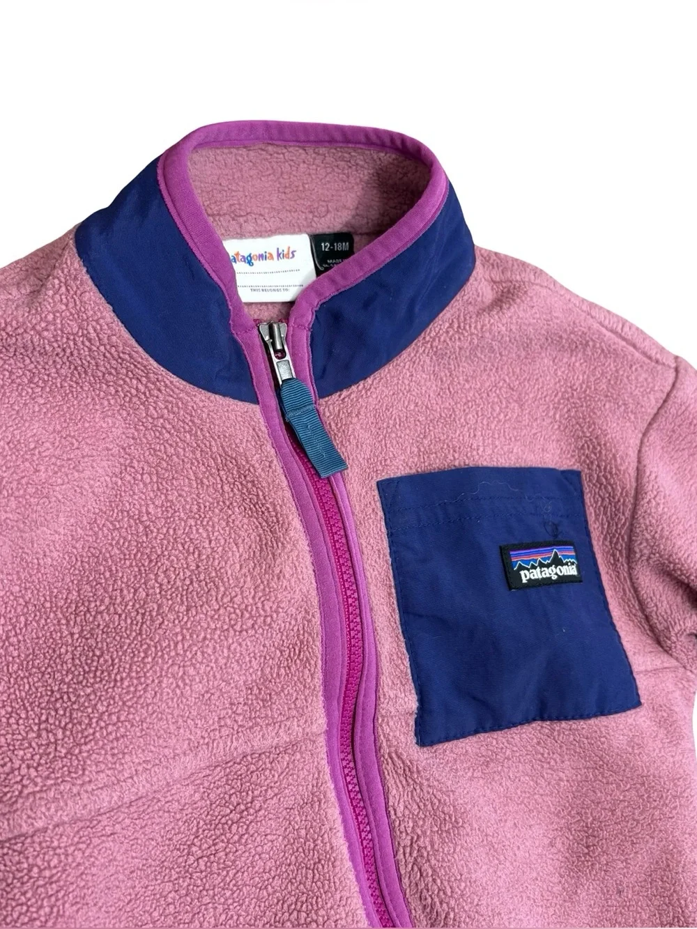 Patagonia Baby Synchilla Fleece Jacket Pink blue chest pocket and trim 12-18M